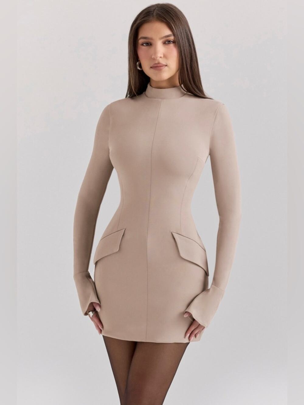 House of Cb Mahalia Taupe Long Sleeve Mini Dress S